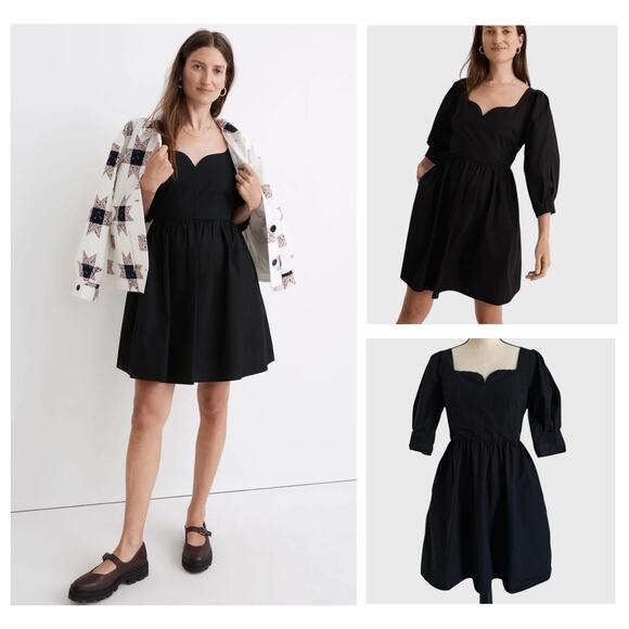 Madewell Black Poplin Puff-Sleeve Sweetheart Neckline Mini Dress size 4 - Picture 16 of 16